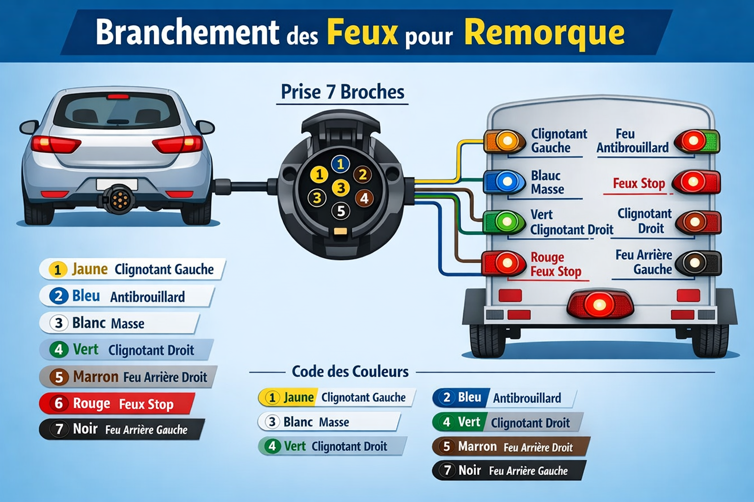 Branchement et couleurs des feux pour remorque