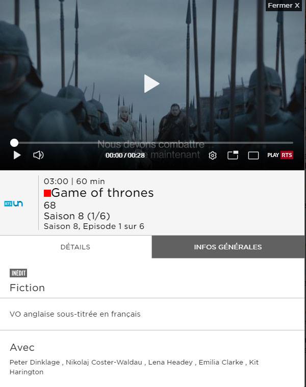 Game of Thrones saison 8 sur la chaine RTS1
